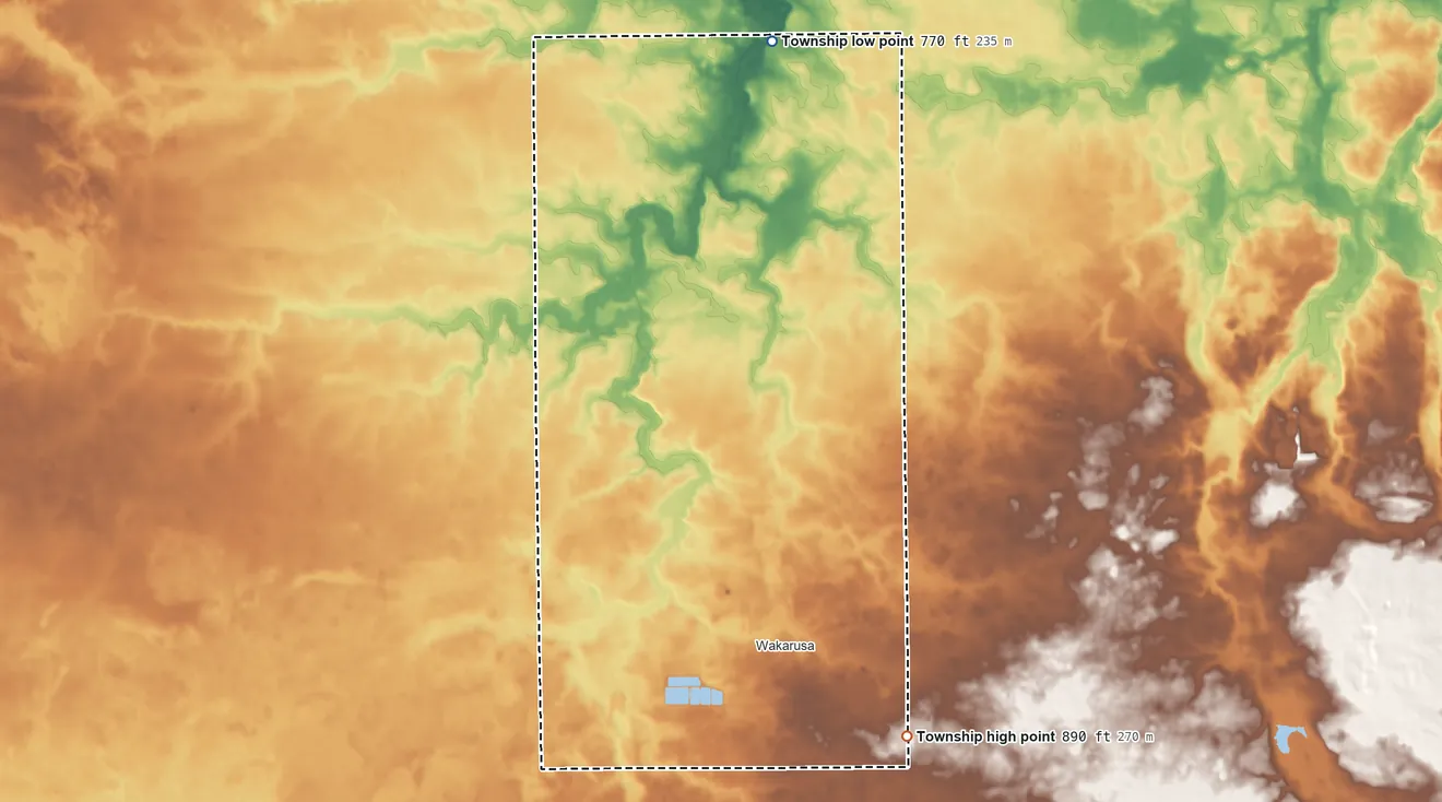 Topographic elevation map of Olive Township, Elkhart County, Indiana, shaded from 770 ft on the north side to 890 ft on the southeast side
