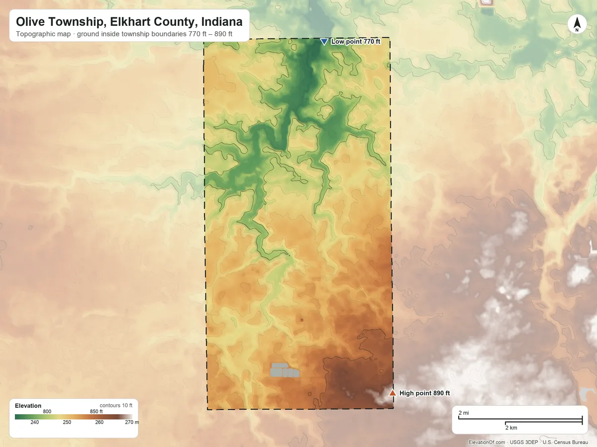 Topographic elevation map of Olive Township, Elkhart County, Indiana, shaded from 770 ft on the north side to 890 ft on the southeast side