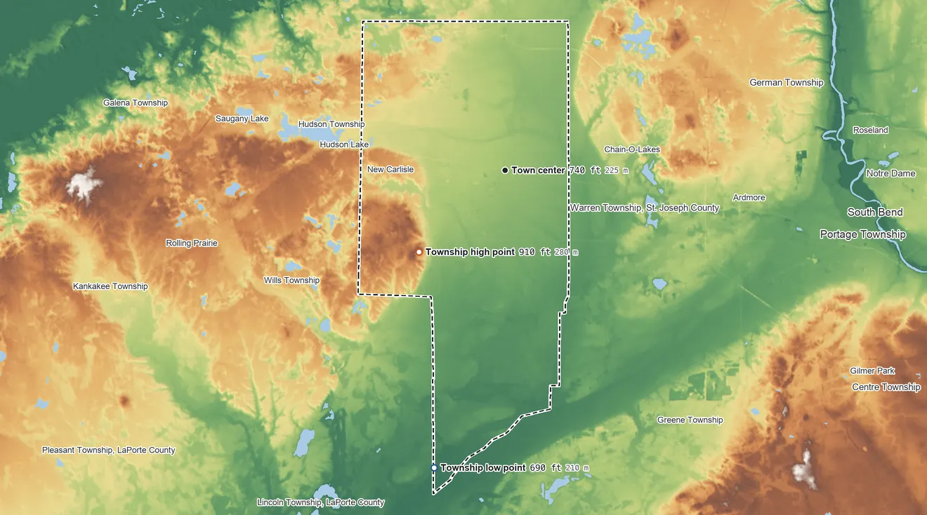 Topographic elevation map of Olive Township, Indiana, shaded from 690 ft on the south side to 910 ft on the southwest side