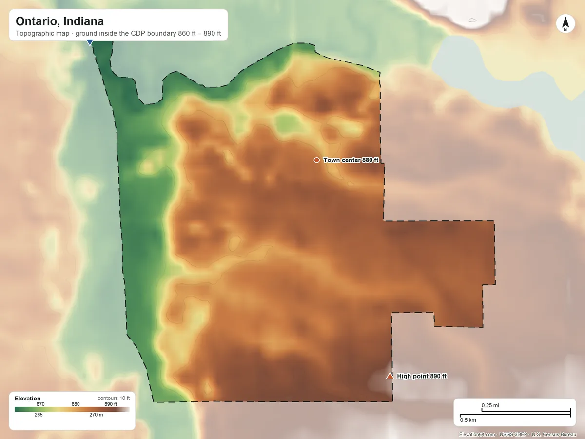 Topographic elevation map of Ontario, Indiana, shaded from 860 ft on the northwest side to 890 ft on the south side