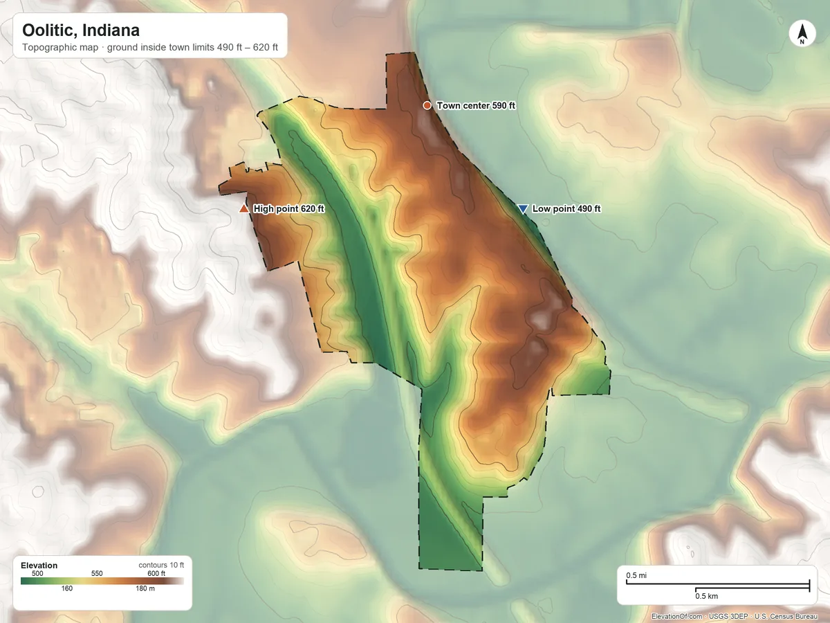 Topographic elevation map of Oolitic, Indiana, shaded from 490 ft on the southeast side to 620 ft on the southwest side