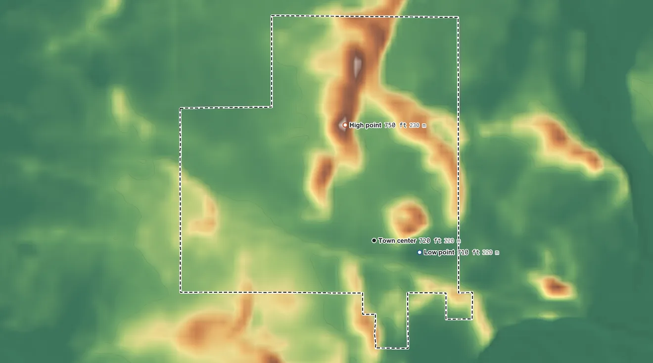 Topographic elevation map of Ora, Indiana, shaded from 710 ft on the east side to 750 ft on the north side