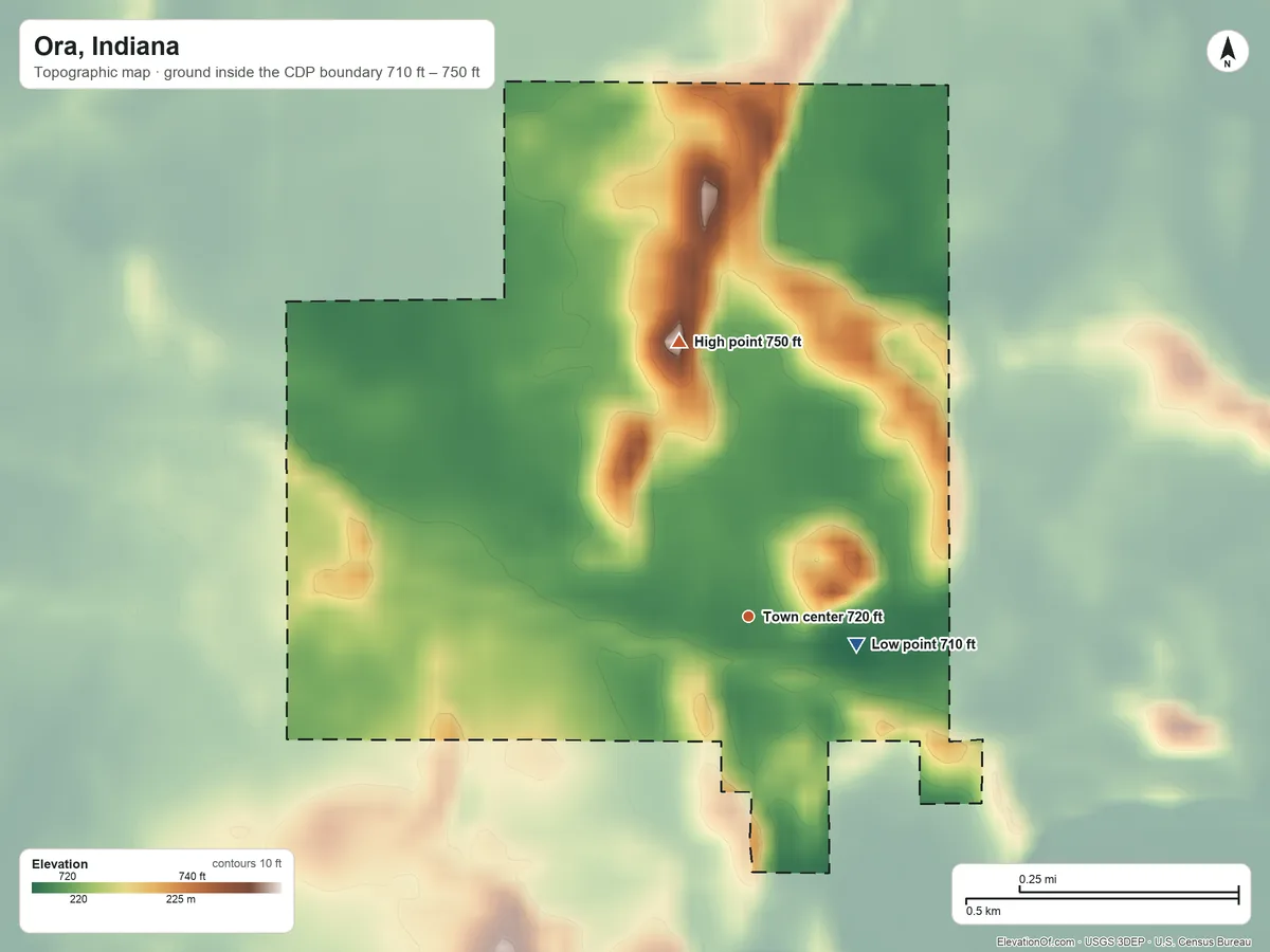 Topographic elevation map of Ora, Indiana, shaded from 710 ft on the east side to 750 ft on the north side