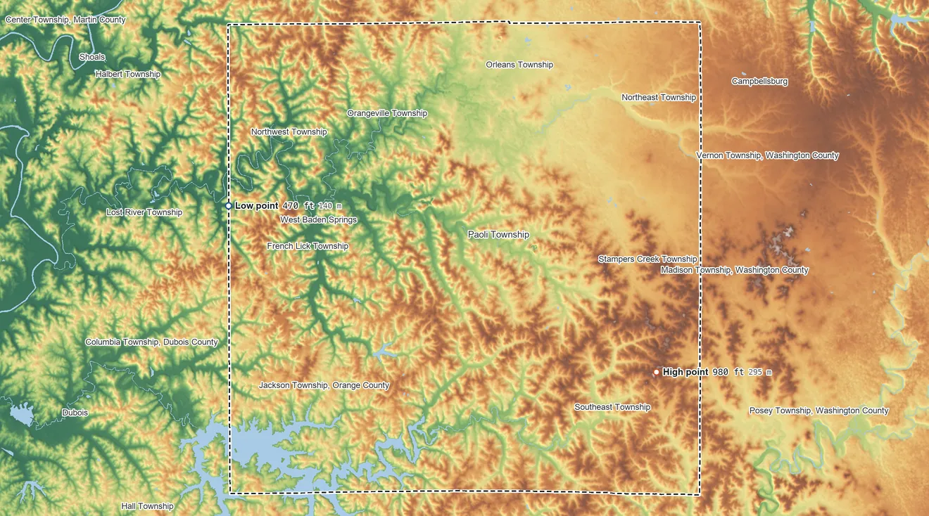 Topographic elevation map of Orange County, Indiana, shaded from 470 ft on the west side to 980 ft on the southeast side