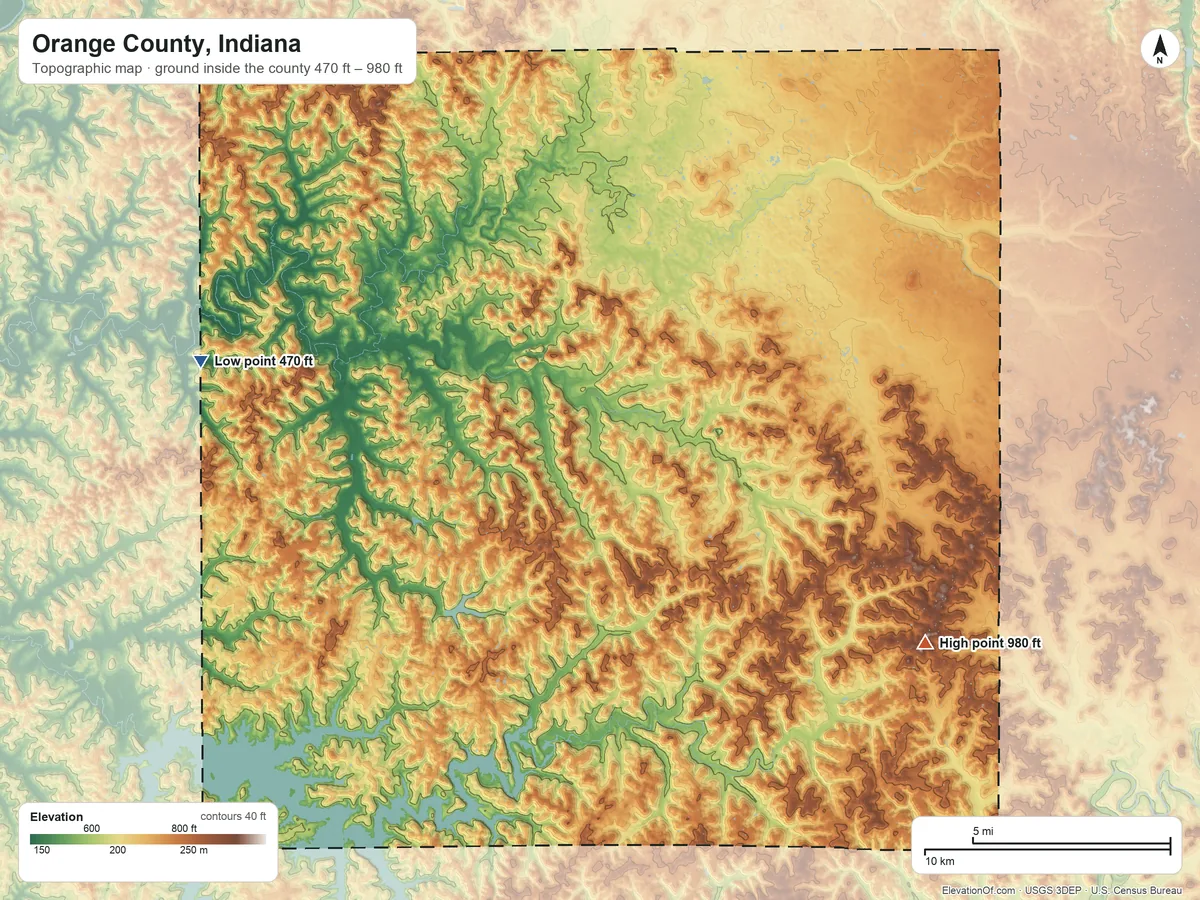 Topographic elevation map of Orange County, Indiana, shaded from 470 ft on the west side to 980 ft on the southeast side