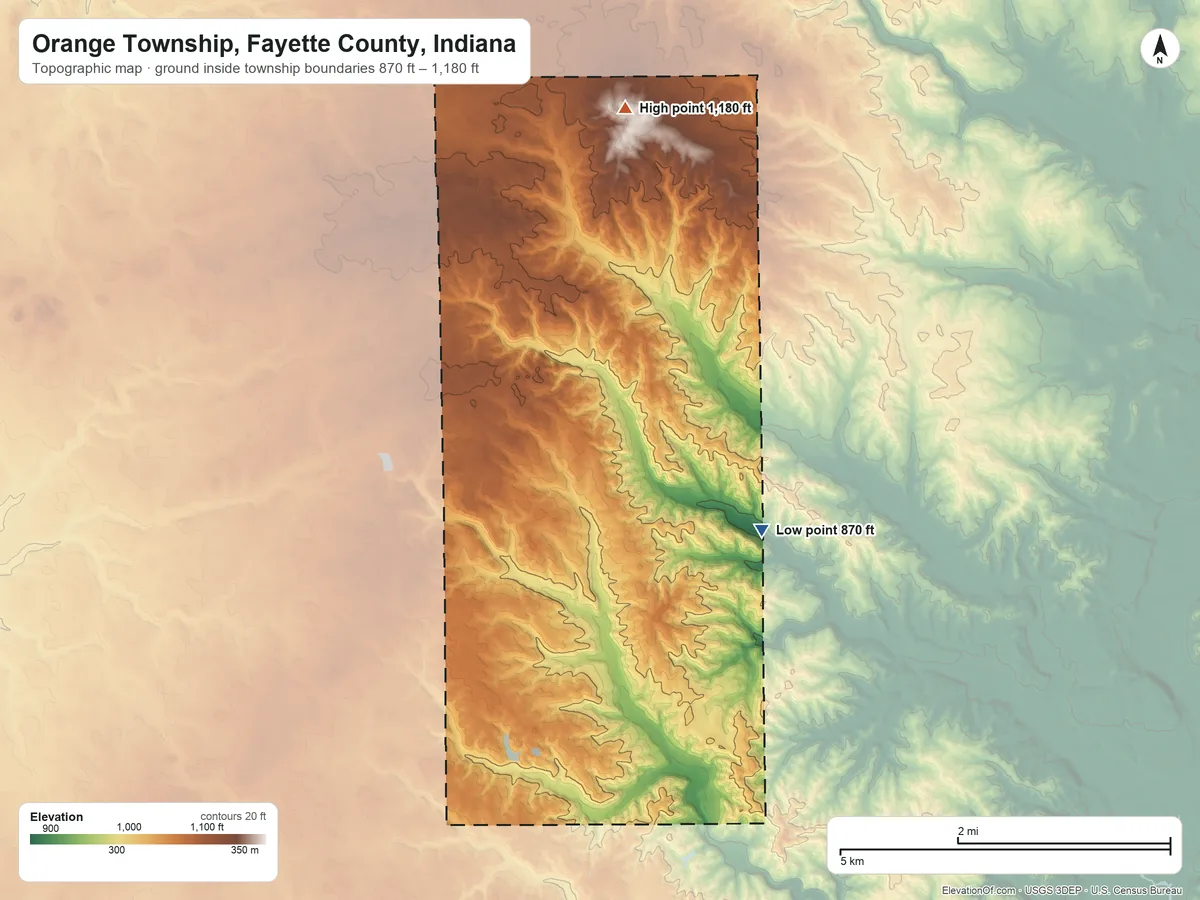Topographic elevation map of Orange Township, Fayette County, Indiana, shaded from 870 ft on the southeast side to 1,180 ft on the north side