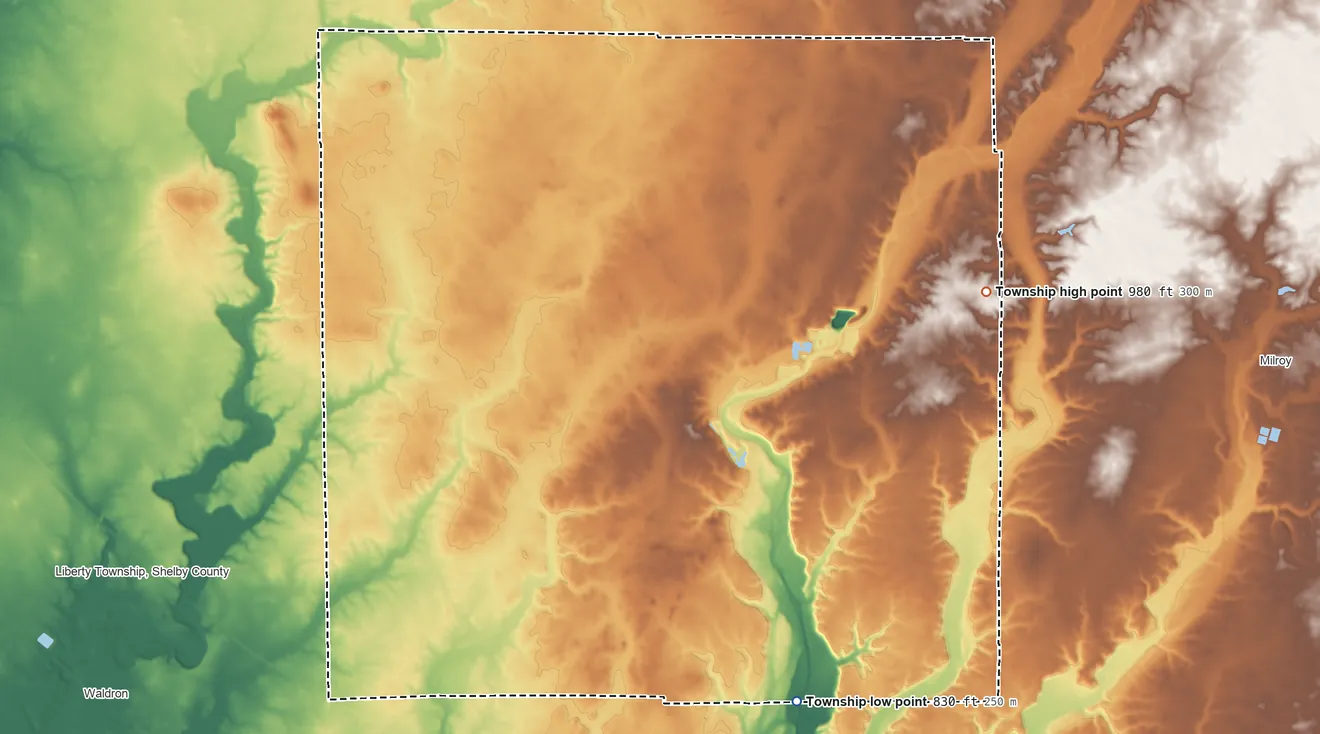 Topographic elevation map of Orange Township, Rush County, Indiana, shaded from 830 ft on the southeast side to 980 ft on the east side