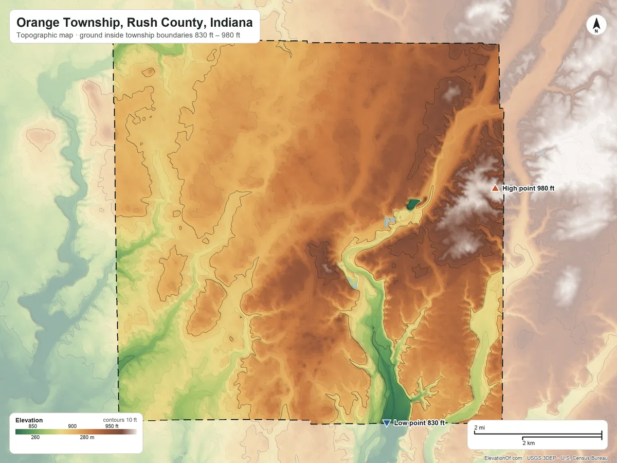 Topographic elevation map of Orange Township, Rush County, Indiana, shaded from 830 ft on the southeast side to 980 ft on the east side