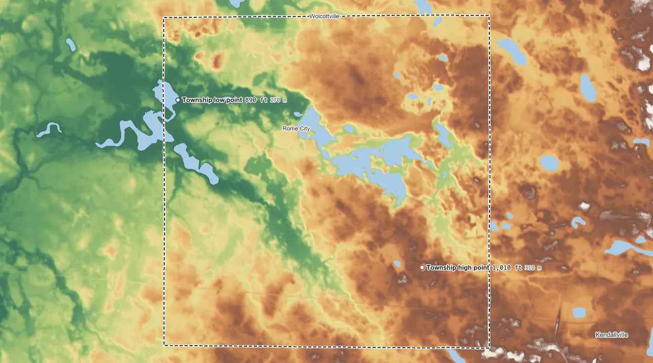 Topographic elevation map of Orange Township, Indiana, shaded from 890 ft on the west side to 1,010 ft on the southeast side