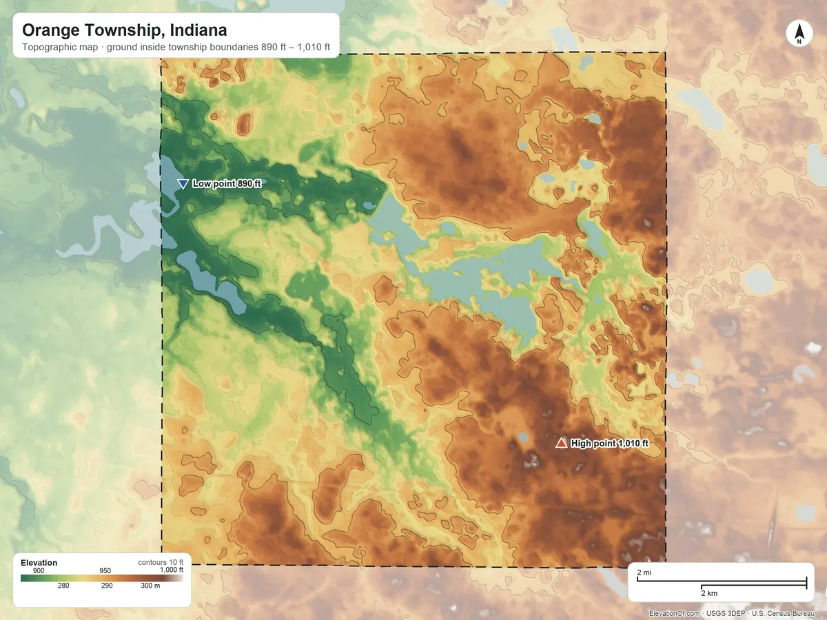Topographic elevation map of Orange Township, Indiana, shaded from 890 ft on the west side to 1,010 ft on the southeast side