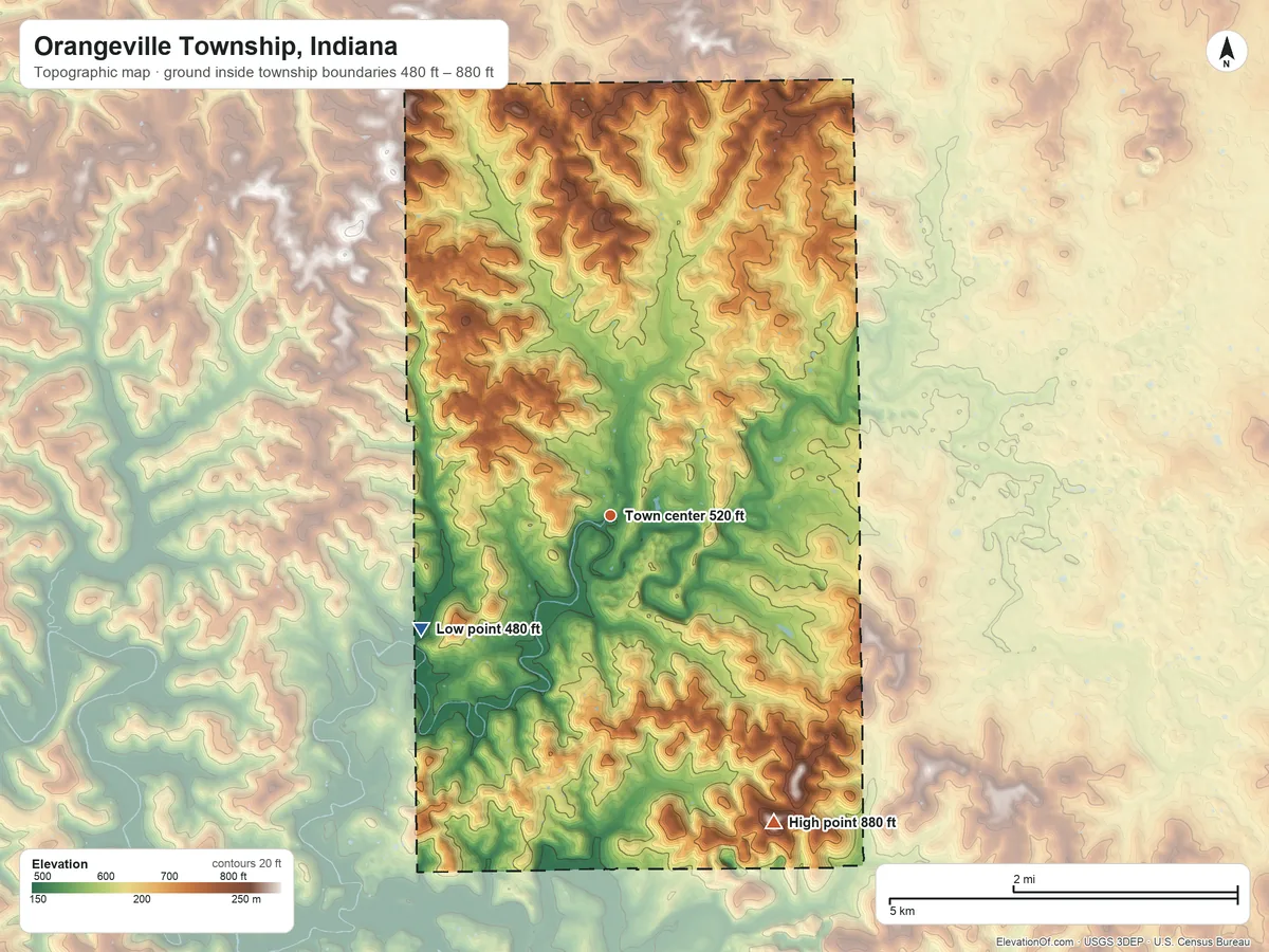Topographic elevation map of Orangeville Township, Indiana, shaded from 480 ft on the southwest side to 880 ft on the southeast side