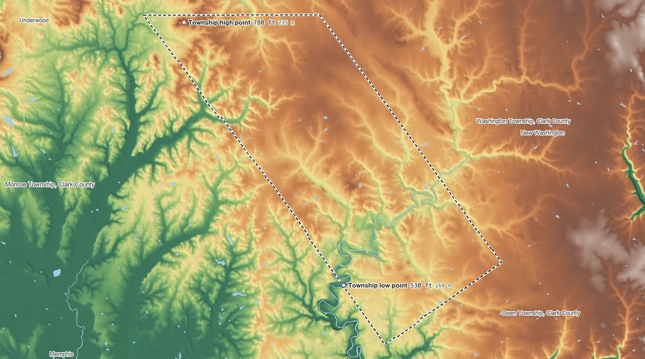 Topographic elevation map of Oregon Township, Clark County, Indiana, shaded from 530 ft on the south side to 780 ft on the northwest side