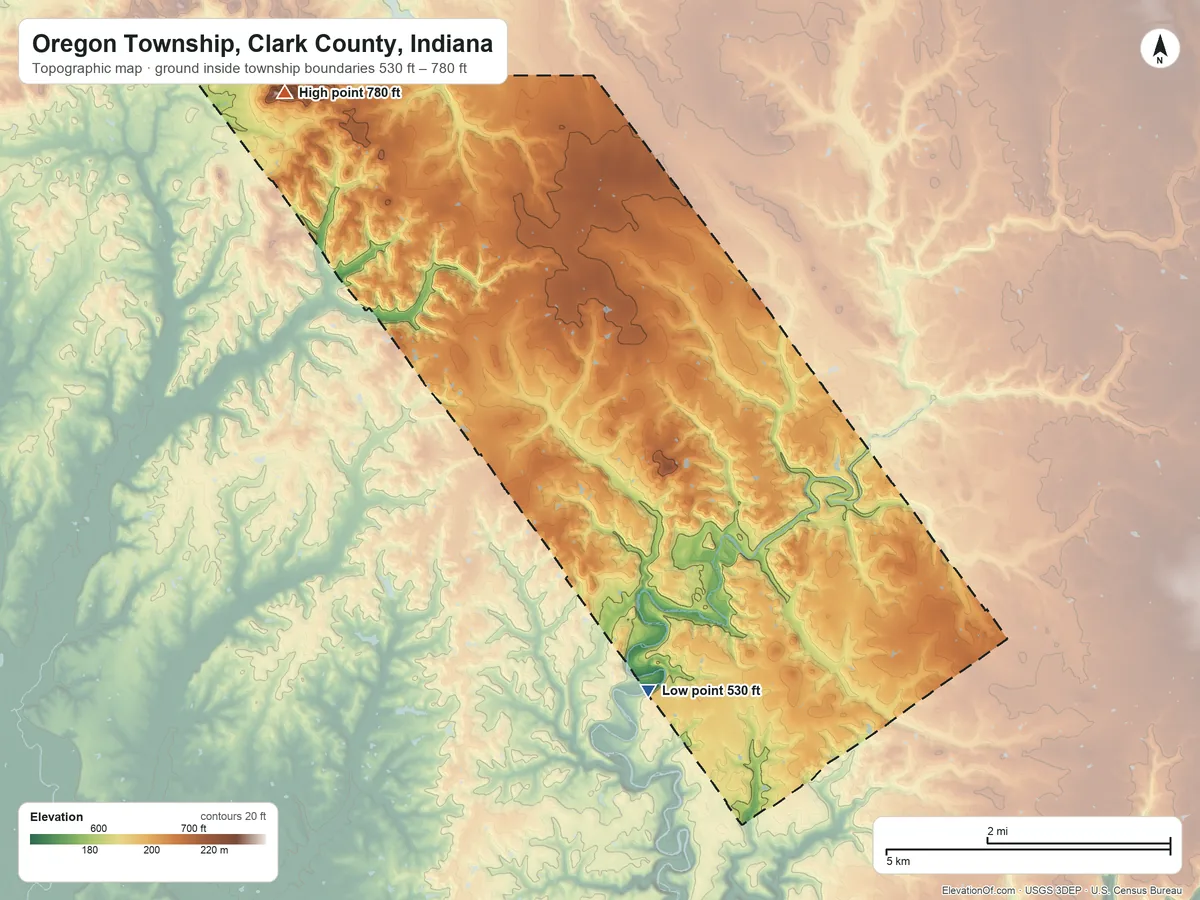 Topographic elevation map of Oregon Township, Clark County, Indiana, shaded from 530 ft on the south side to 780 ft on the northwest side