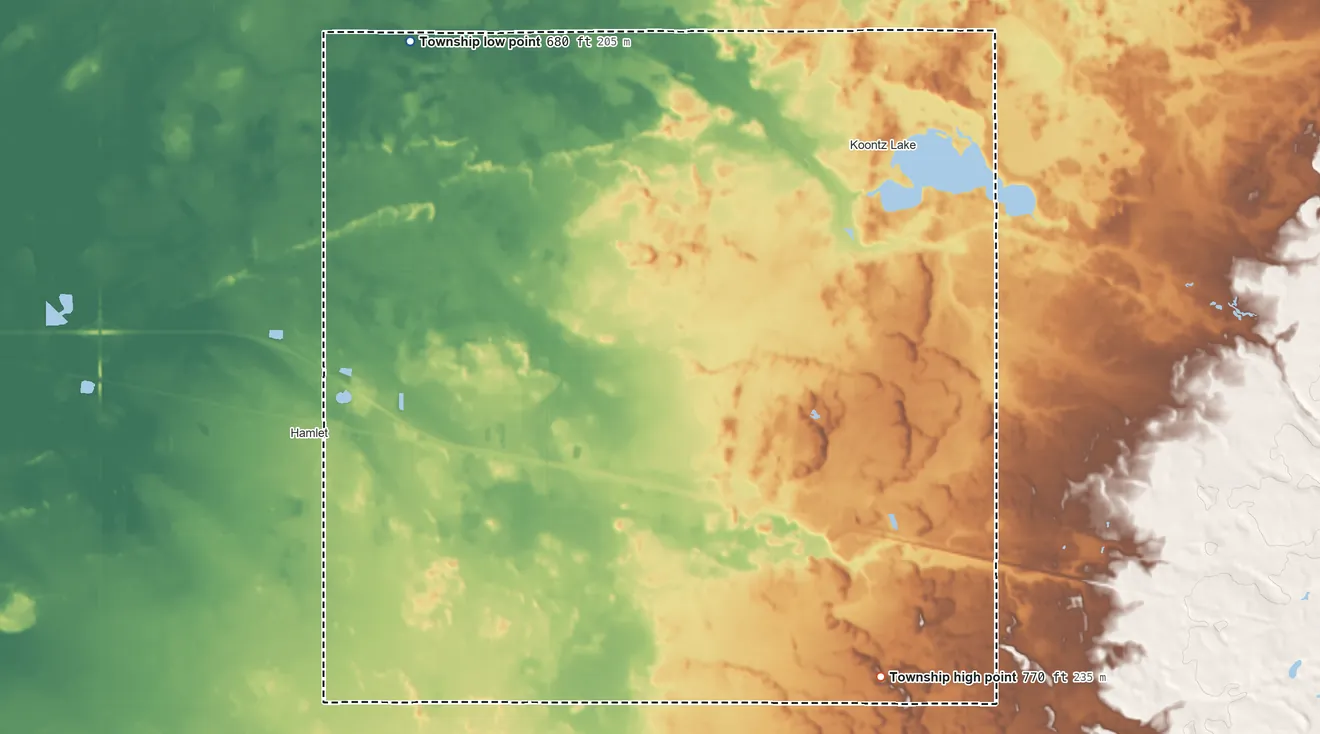 Topographic elevation map of Oregon Township, Indiana, shaded from 680 ft on the northwest side to 770 ft on the south side