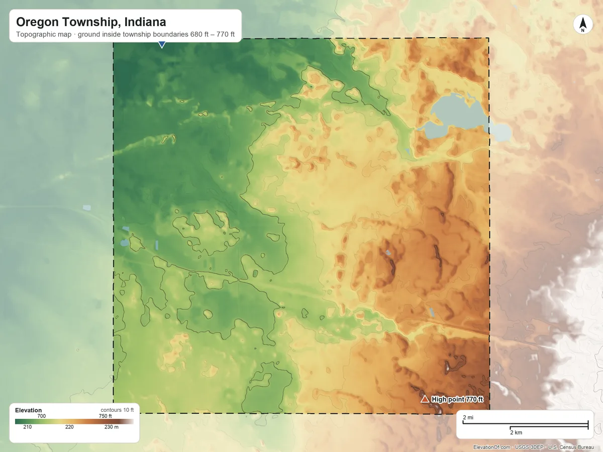 Topographic elevation map of Oregon Township, Indiana, shaded from 680 ft on the northwest side to 770 ft on the south side