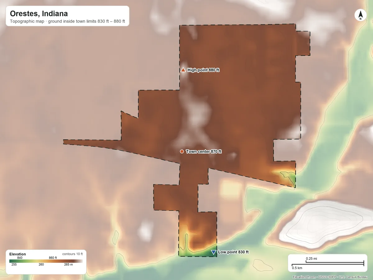 Topographic elevation map of Orestes, Indiana, shaded from 830 ft on the south side to 880 ft on the north side