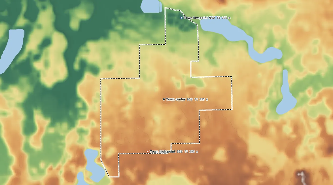Topographic elevation map of Orland, Indiana, shaded from 940 ft on the north side to 960 ft on the south side