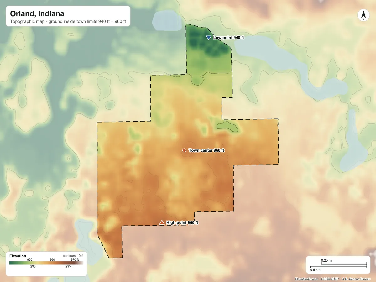 Topographic elevation map of Orland, Indiana, shaded from 940 ft on the north side to 960 ft on the south side