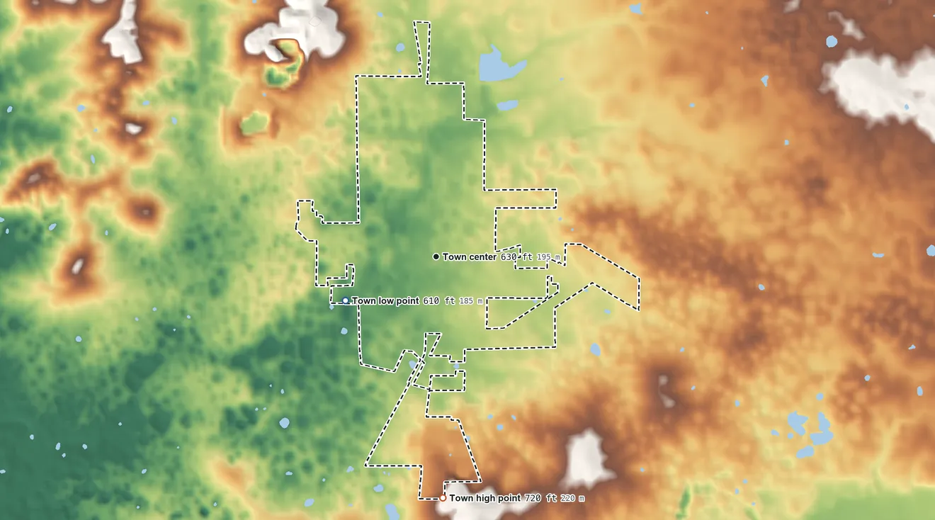 Topographic elevation map of Orleans, Indiana, shaded from 610 ft on the southwest side to 720 ft on the south side