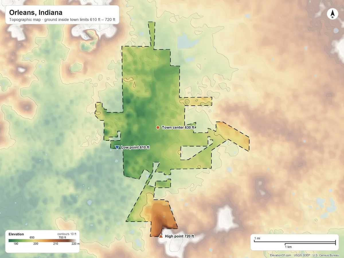 Topographic elevation map of Orleans, Indiana, shaded from 610 ft on the southwest side to 720 ft on the south side