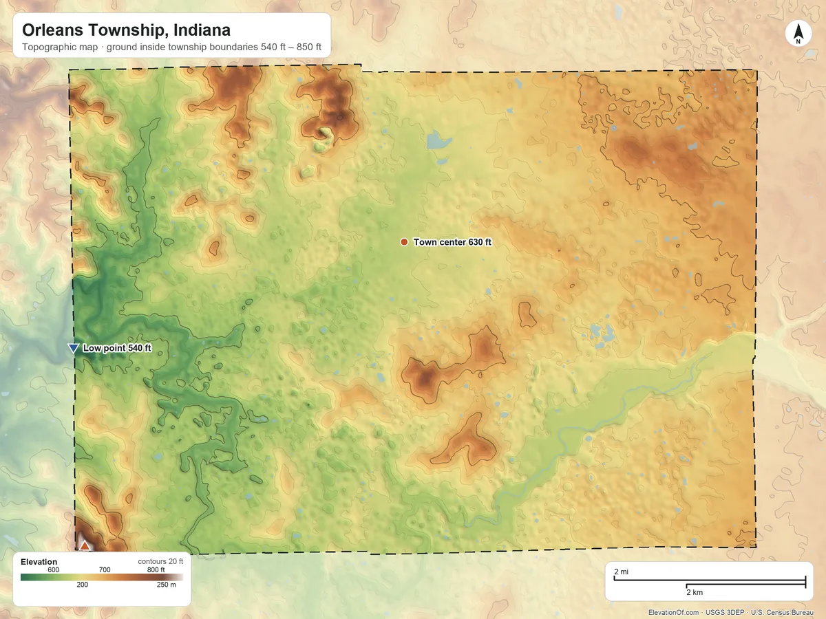 Topographic elevation map of Orleans Township, Indiana, shaded from 540 ft on the west side to 850 ft on the southwest side