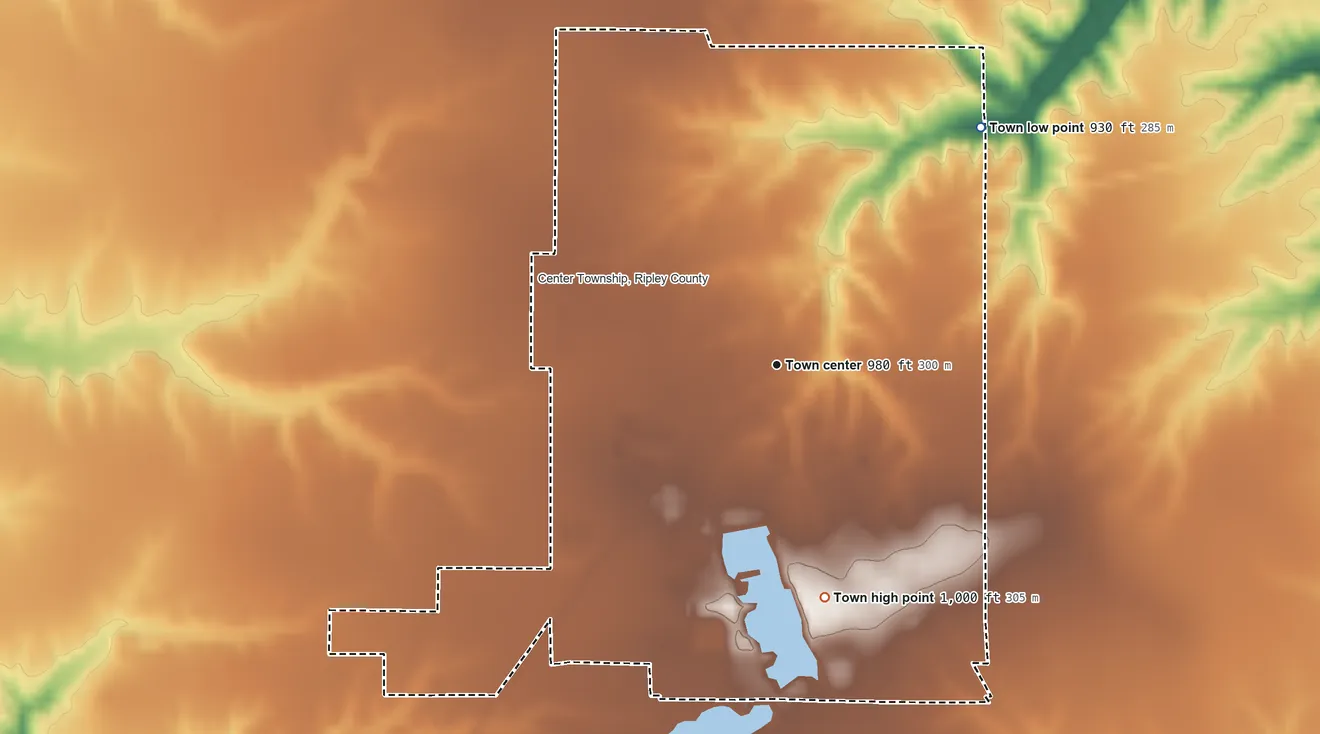 Topographic elevation map of Osgood, Indiana, shaded from 930 ft on the northeast side to 1,000 ft on the south side
