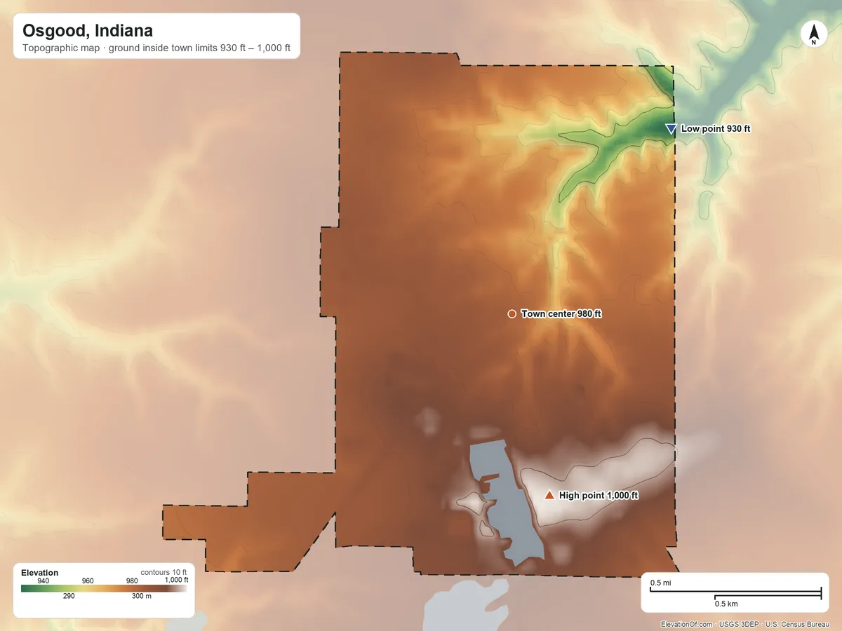 Topographic elevation map of Osgood, Indiana, shaded from 930 ft on the northeast side to 1,000 ft on the south side