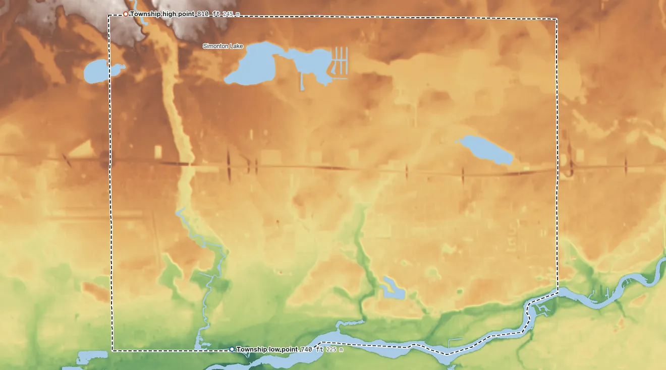 Topographic elevation map of Osolo Township, Indiana, shaded from 740 ft on the southwest side to 810 ft on the northwest side