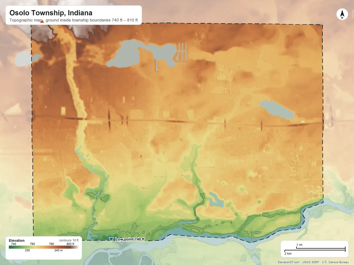 Topographic elevation map of Osolo Township, Indiana, shaded from 740 ft on the southwest side to 810 ft on the northwest side