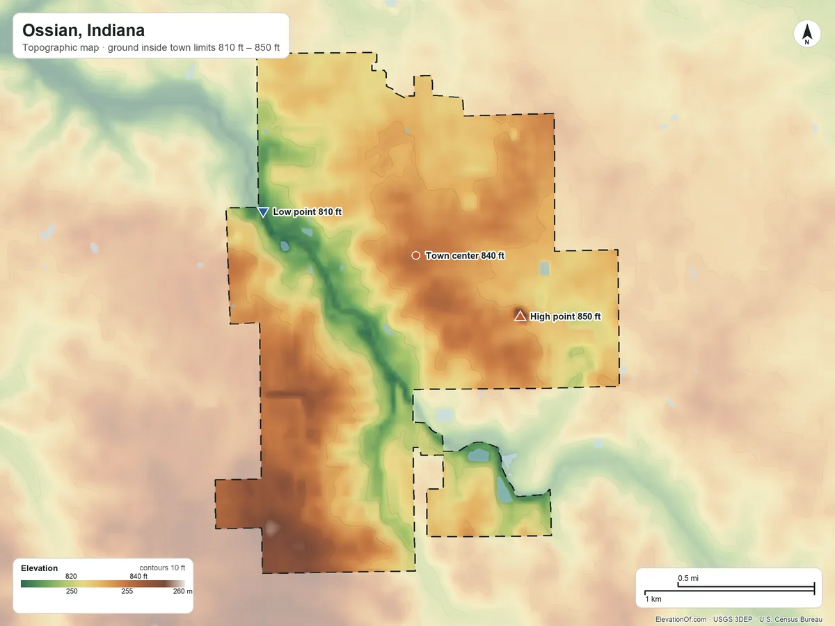 Topographic elevation map of Ossian, Indiana, shaded from 810 ft on the west side to 850 ft on the southeast side