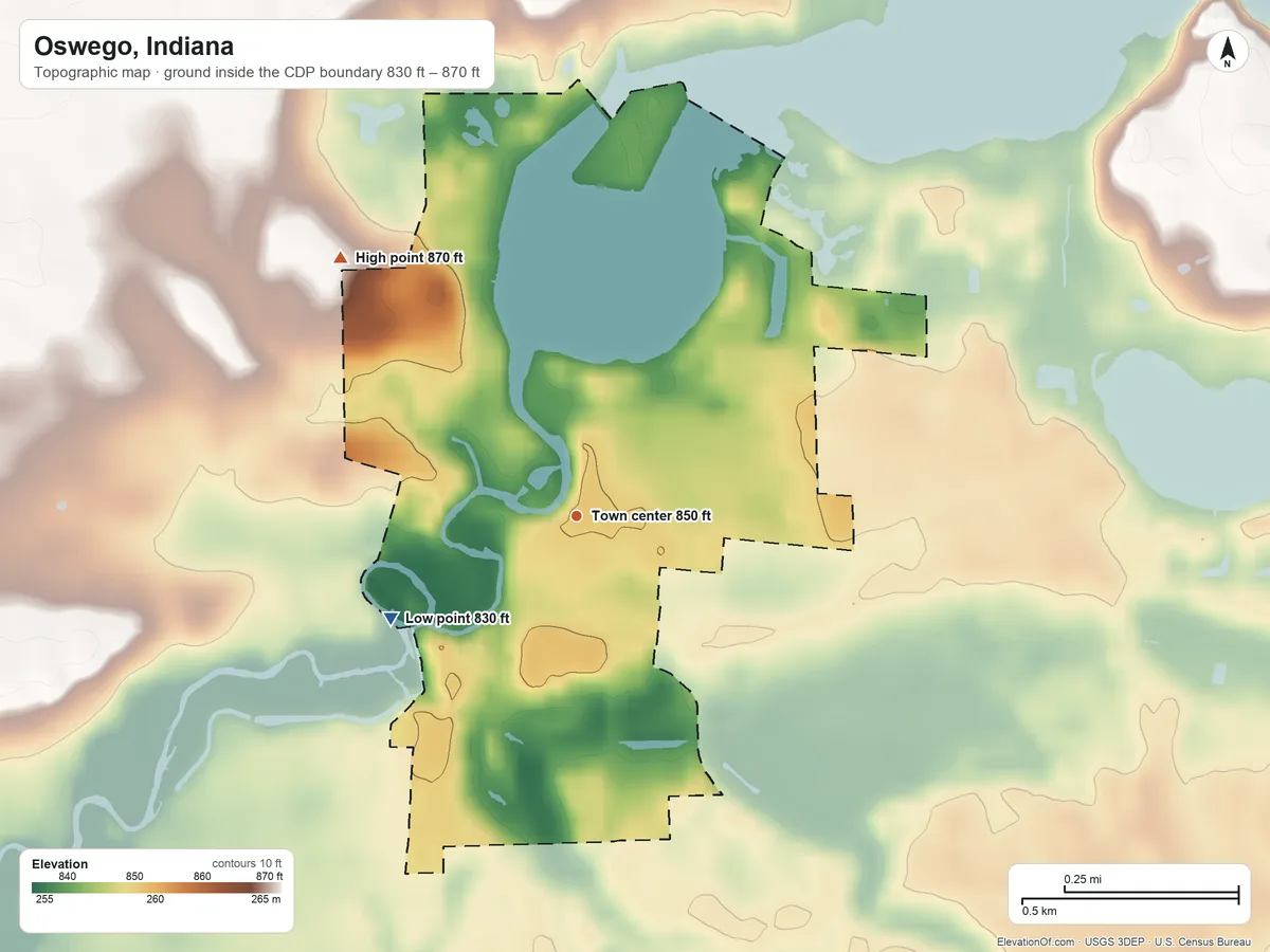 Topographic elevation map of Oswego, Indiana, shaded from 830 ft on the southwest side to 870 ft on the northwest side