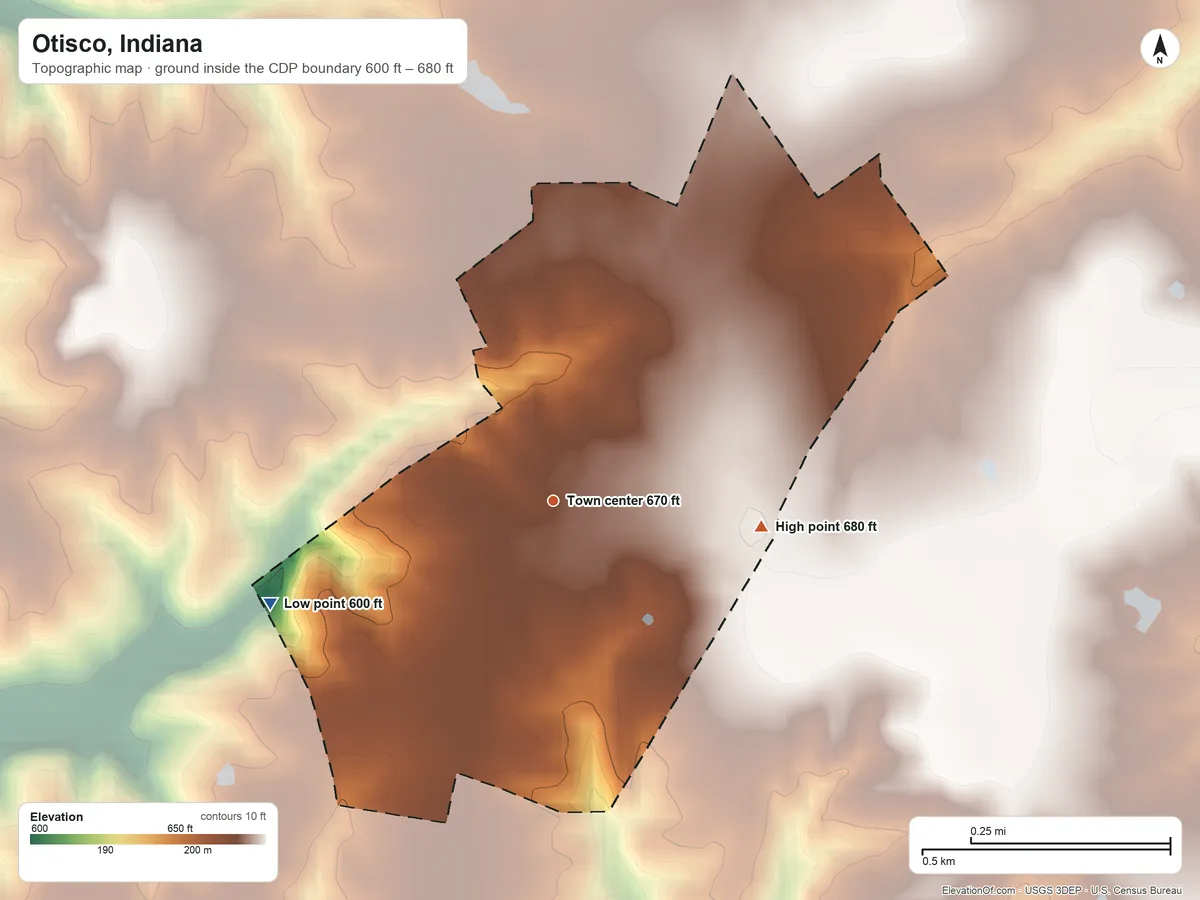 Topographic elevation map of Otisco, Indiana, shaded from 600 ft on the west side to 680 ft on the east side