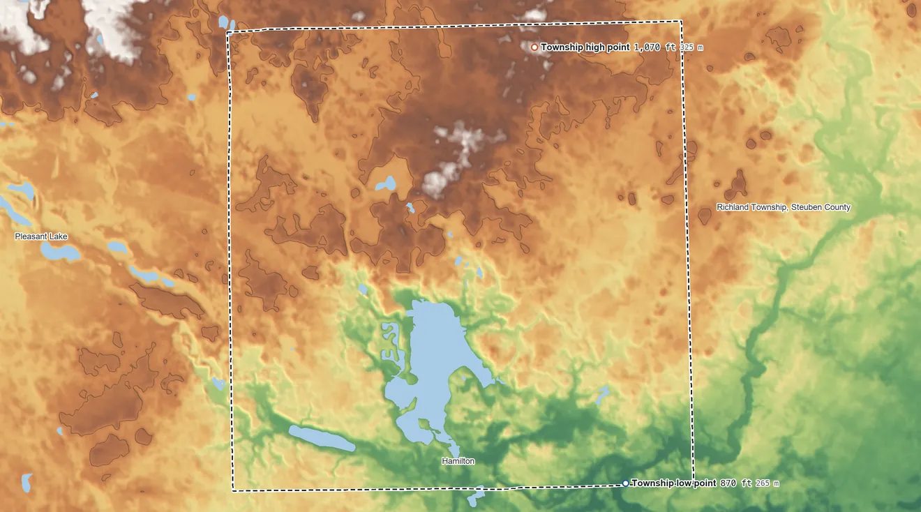Topographic elevation map of Otsego Township, Indiana, shaded from 870 ft on the southeast side to 1,070 ft on the north side