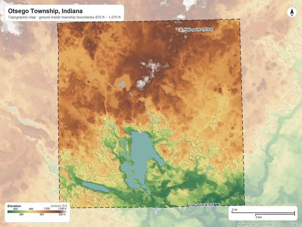 Topographic elevation map of Otsego Township, Indiana, shaded from 870 ft on the southeast side to 1,070 ft on the north side