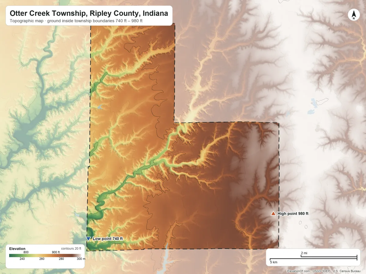 Topographic elevation map of Otter Creek Township, Ripley County, Indiana, shaded from 740 ft on the southwest side to 980 ft on the southeast side