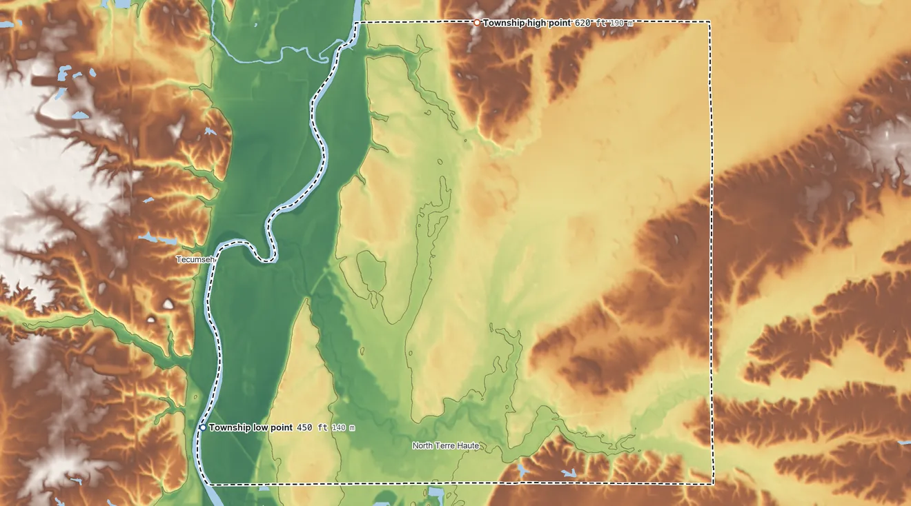 Topographic elevation map of Otter Creek Township, Indiana, shaded from 450 ft on the west side to 620 ft on the north side