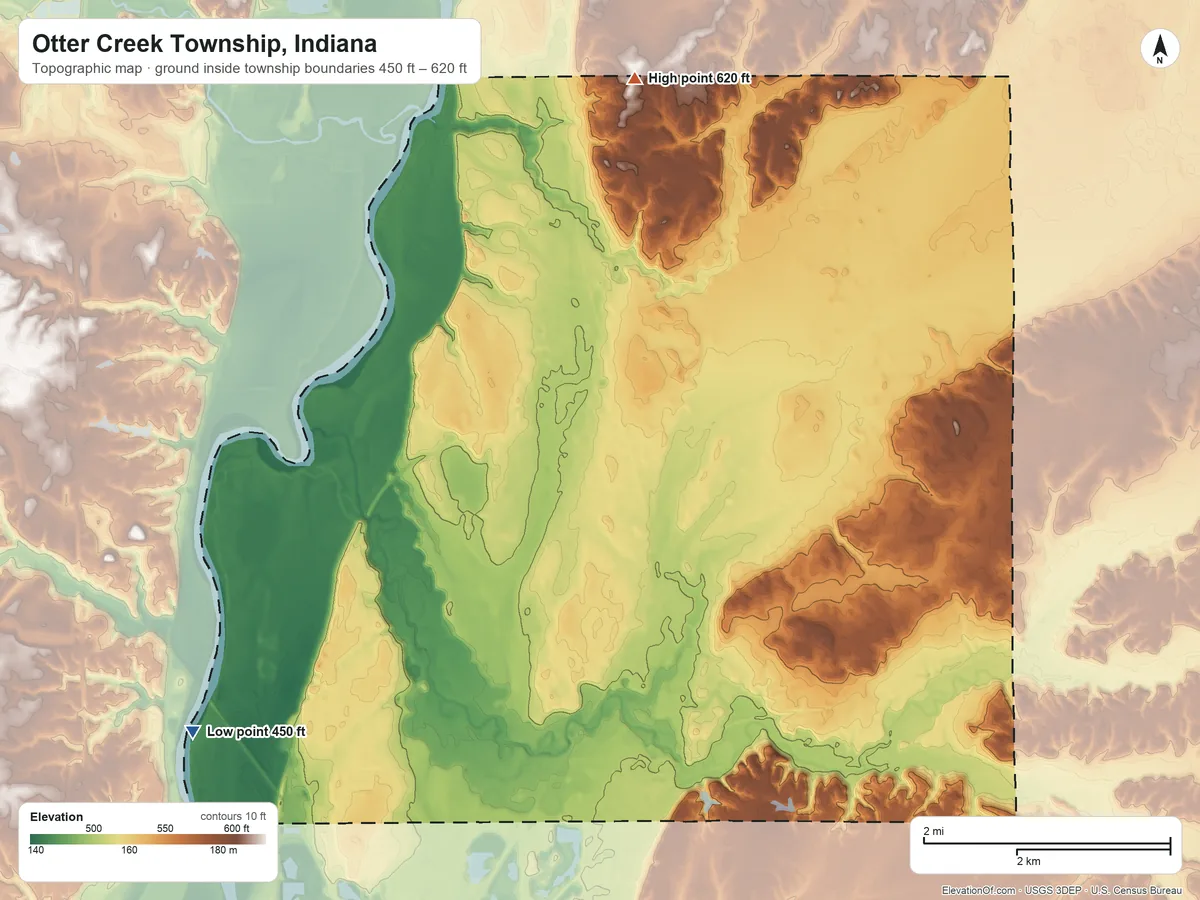 Topographic elevation map of Otter Creek Township, Indiana, shaded from 450 ft on the west side to 620 ft on the north side
