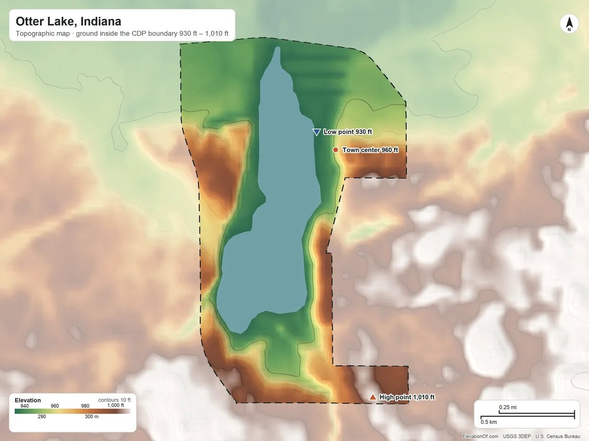 Topographic elevation map of Otter Lake, Indiana, shaded from 930 ft near the middle to 1,010 ft on the south side