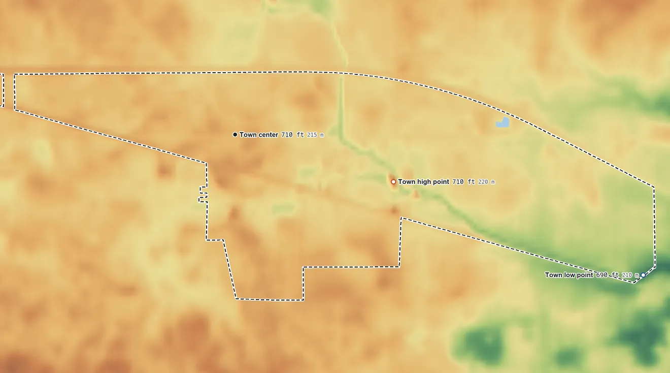 Topographic elevation map of Otterbein, Indiana, shaded from 690 ft on the east side to 710 ft on the east side