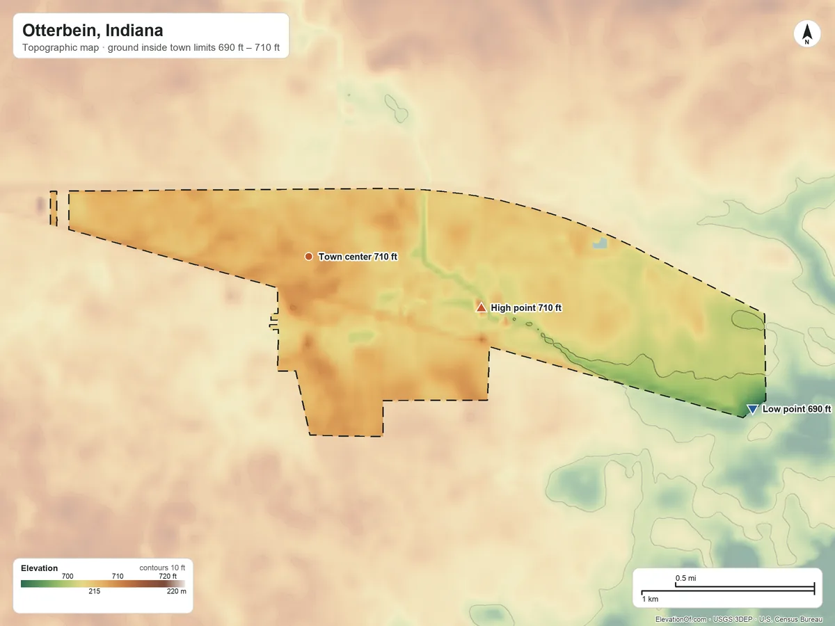 Topographic elevation map of Otterbein, Indiana, shaded from 690 ft on the east side to 710 ft on the east side