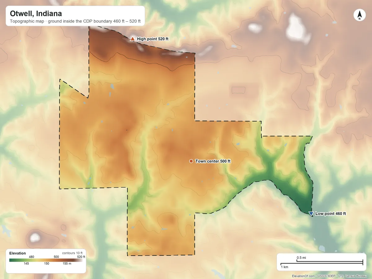 Topographic elevation map of Otwell, Indiana, shaded from 460 ft on the southeast side to 520 ft on the northwest side
