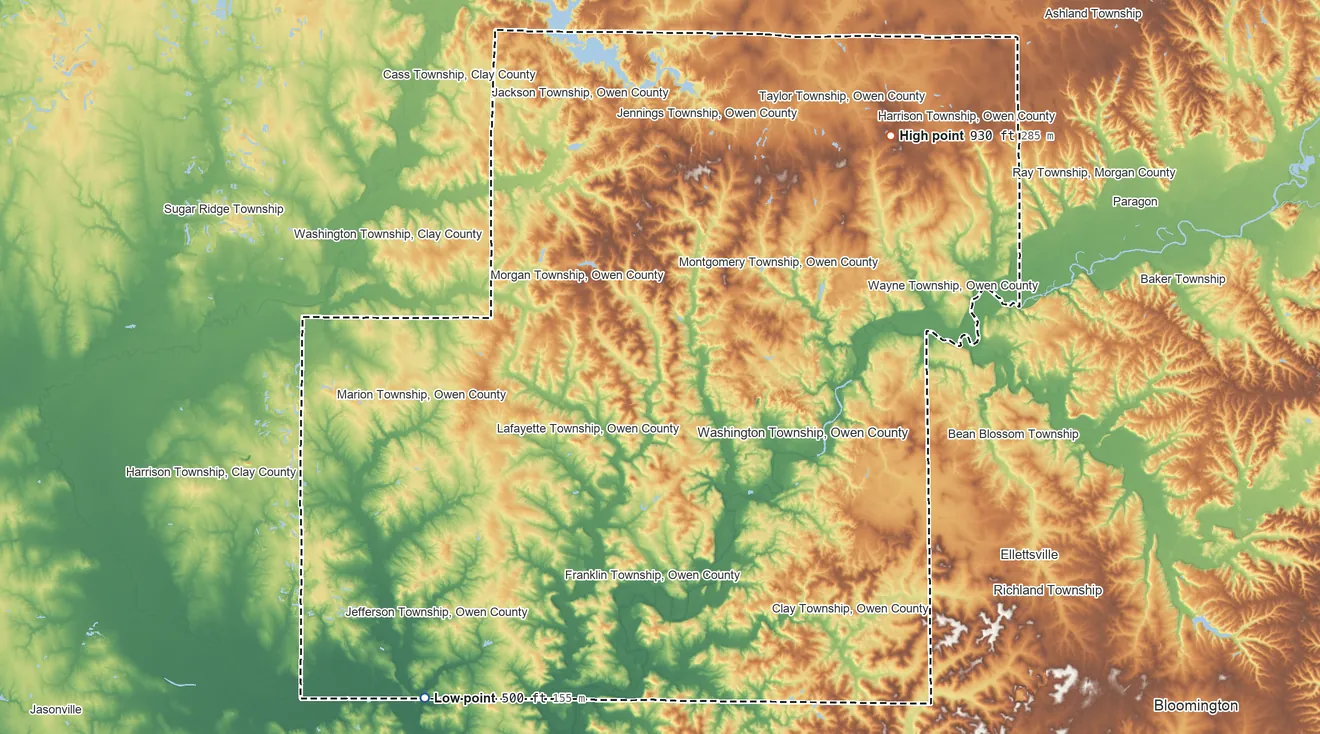 Topographic elevation map of Owen County, Indiana, shaded from 500 ft on the southwest side to 930 ft on the northeast side