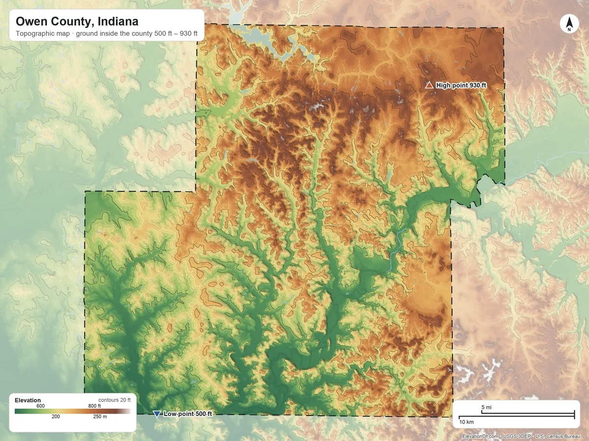 Topographic elevation map of Owen County, Indiana, shaded from 500 ft on the southwest side to 930 ft on the northeast side