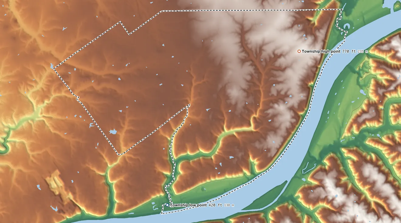 Topographic elevation map of Owen Township, Clark County, Indiana, shaded from 420 ft on the south side to 770 ft on the east side