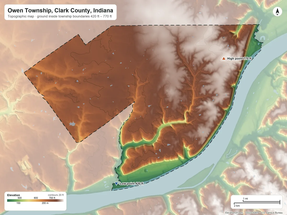 Topographic elevation map of Owen Township, Clark County, Indiana, shaded from 420 ft on the south side to 770 ft on the east side