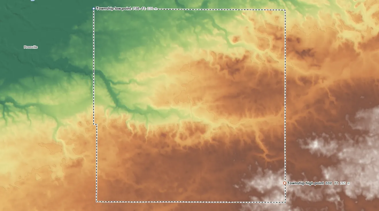 Topographic elevation map of Owen Township, Clinton County, Indiana, shaded from 730 ft on the northwest side to 880 ft on the southeast side