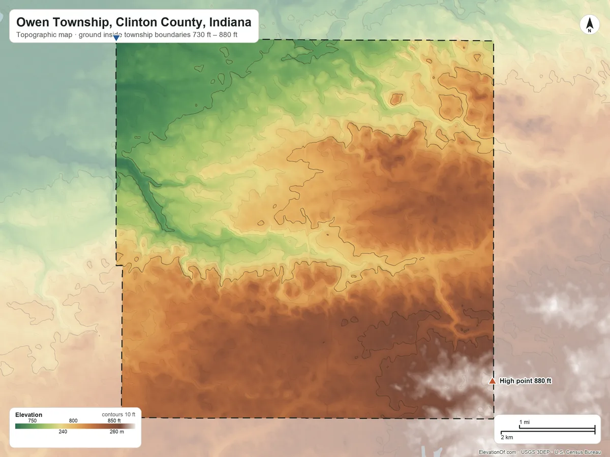 Topographic elevation map of Owen Township, Clinton County, Indiana, shaded from 730 ft on the northwest side to 880 ft on the southeast side