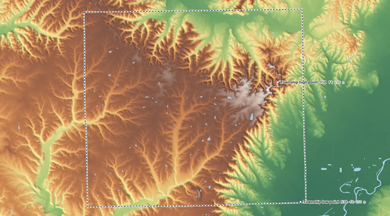 Topographic elevation map of Owen Township, Indiana, shaded from 530 ft on the southeast side to 950 ft on the east side