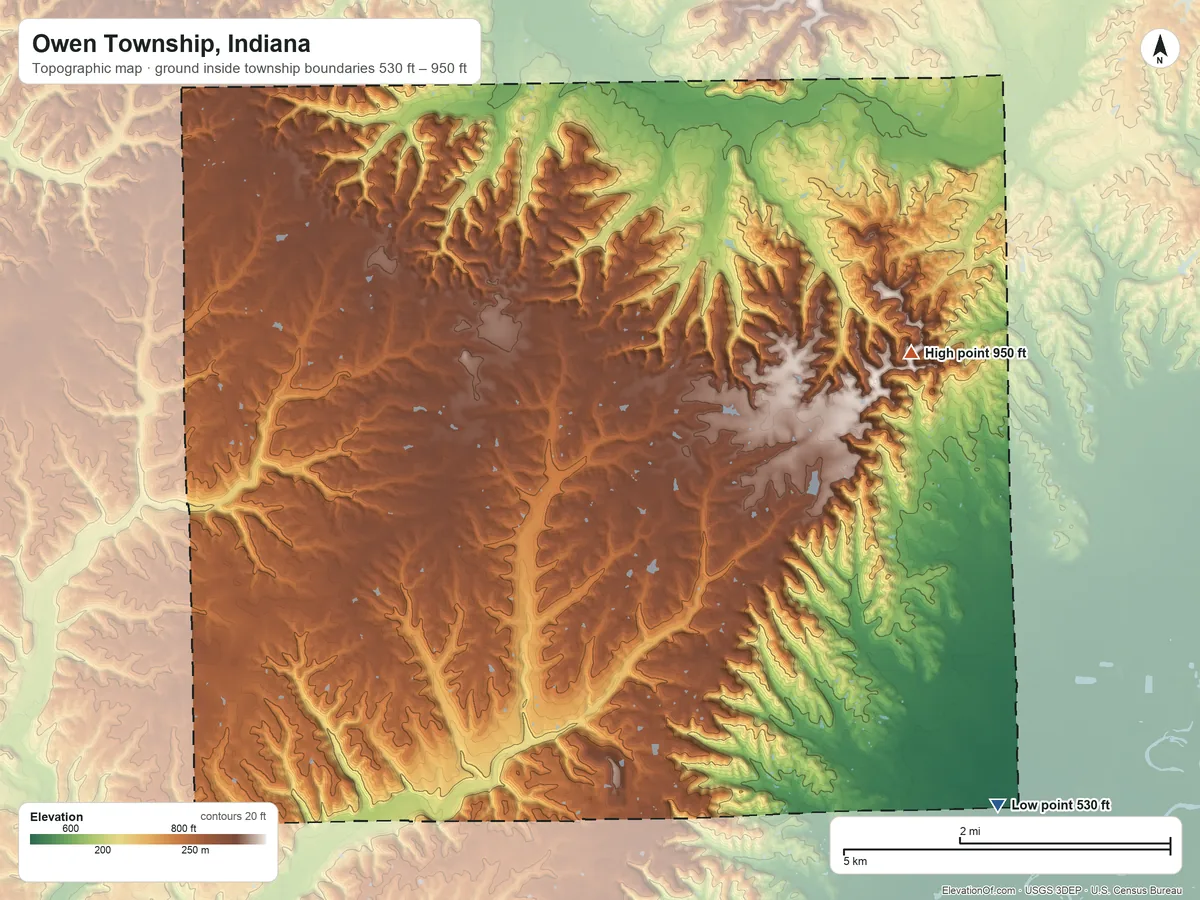 Topographic elevation map of Owen Township, Indiana, shaded from 530 ft on the southeast side to 950 ft on the east side