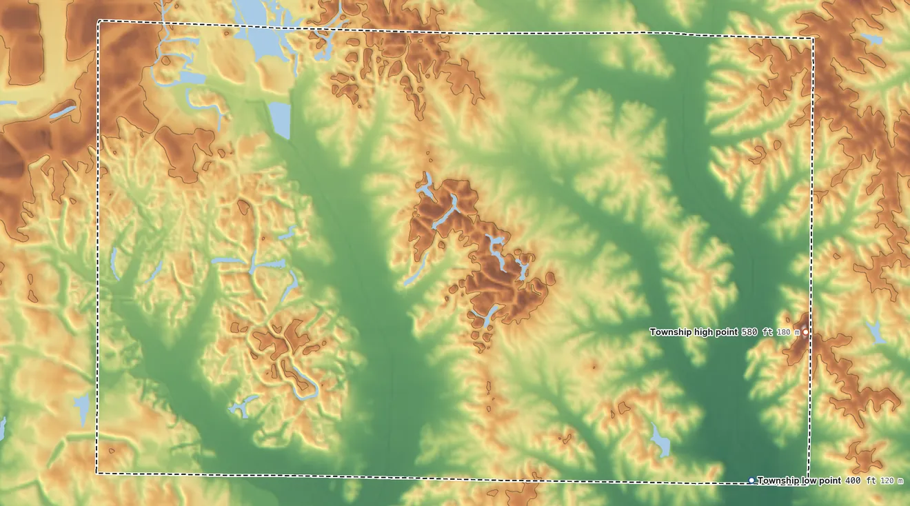 Topographic elevation map of Owen Township, Warrick County, Indiana, shaded from 400 ft on the southeast side to 580 ft on the east side